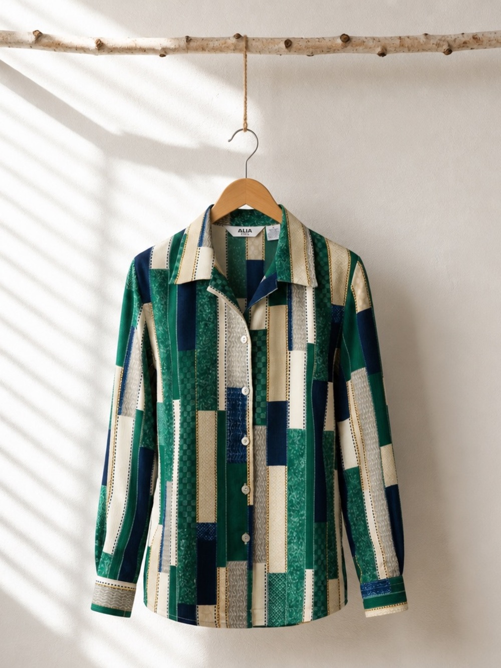 Alia Green Navy Patchwork Button-Up Shirt